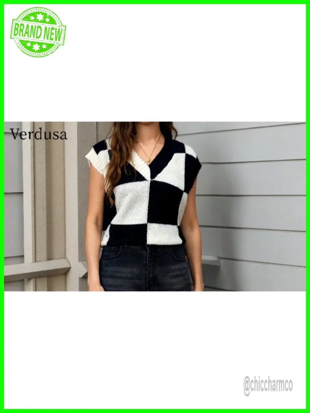 V-Neck Plaid Knit Sweater Vest Cap Sleeve Oversized